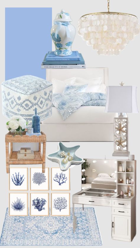 Coastal Bedroom Bedroom Inspo Beach Theme, Coastal Retro Decor, Beach Aesthetic Rooms, Blue Athestic, Costal Room Inspiration, Blue Preppy Bedroom, Preppy Beach Bedroom, Blue And White Coastal Bedroom, Coastal Room Ideas