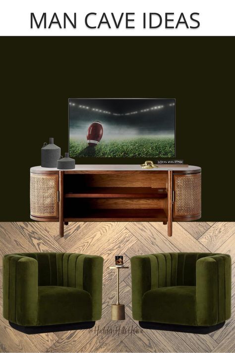 Man cave mood board with green velvet swivel chairs and a martini table between them! A gorgeous wooden console below a tv! Green Man Cave, Green Chair Living Room, Living Room Men, Masculine Living Rooms, Bourbon Room, Swivel Armchair, Green Chair, Swivel Chair, Man Cave