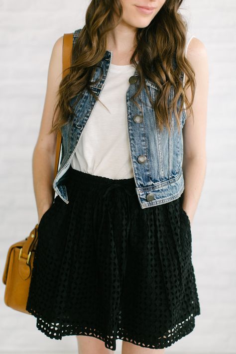 jean vest   eyelet skirt Black Eyelet Top Outfit, Black Eyelet Skirt Outfit, Denim Vest Black Skirt, Black Denim Mini Skirt For Spring, Spring Black Denim Vest, Eyelet Skirt, Jean Vest, Miniskirt Outfits, Vest White