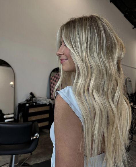 Blonde Hair Inspo Dimension, High Impact Blonde Balayage, Long Medium Blonde Hair, Partial Hair Highlights, Bleach Blonde To Balayage, All Over Blonde With Dimension, Bright Blonde Highlights On Dark Brown Hair, No Dimension Blonde, Soft Lived In Blonde