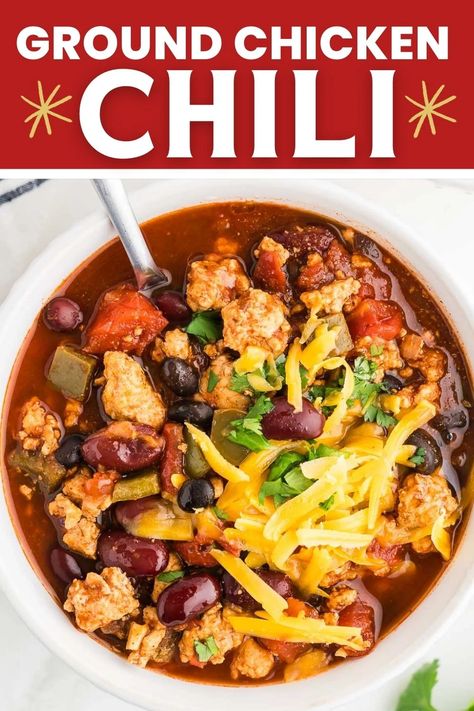 Best Ground Chicken Chili Recipe (Easy + Delicious!) Ground Meat Chili Recipe, Ground Chicken Chili Recipe Easy, 3 Bean Chicken Chili, Ground Chicken Vegetable Soup, Ground Chicken Chili Crockpot, Chicken Chilli Recipes Easy, Ground Chicken Chilli, Soup With Ground Chicken, Chili With Ground Chicken