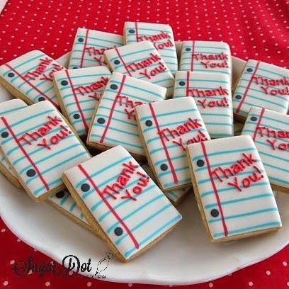 Teacher Thank You Sugar Cookies with Royal Icing These cookies were made for Teacher Appreciation Week.  They look like small sheets of loose leaf paper with a "Thank You" message. Cookies are availab Dot Cookies, Sugar Cookies With Royal Icing, Book Shape, Thank You Cookies, Cookies With Royal Icing, Sugar Cookie Royal Icing, Sugar Cookie Icing, Cookie Business, Graduation Cookies