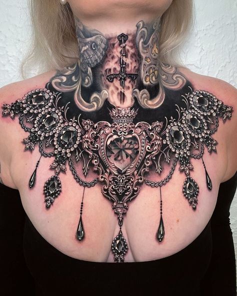 Ryan Ashley Tattoos, Ryan Ashley Tattoo, Jewelry Tattoo Designs, Full Neck Tattoos, Ryan Ashley, Backpiece Tattoo, Create A Tattoo, Jewel Tattoo, Throat Tattoo