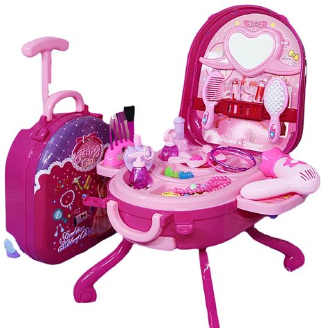 Delight your child with our Play House Set - a kids' table toy perfect for imaginative play. Ideal for kindergarten or as a standout birthday gift. Comes in a convenient carry-on luggage style! Childrens Dresser, Kids Vanity Set, Kids Role Play, Makeup Toys, Makeup Kit For Kids, Play Makeup, Princess Toys, Kids Vanity, Kids Makeup