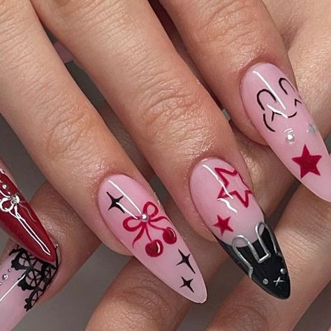 Cherry Coquette Nails, Black And Red Chrome Nails, Red Miffy Nails, Red Black And Silver Nails, Red Coquette Nails, Balletcore Nails, Black Coquette Nails, Red And Pink Nails Ideas, Miffy Nails