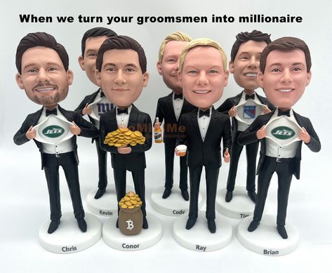 When we turn your groomsmen into millionaire! see the surprise from your groomsmen and wedding guest! #gominime #groomsmengift Funny Groomsmen Gifts, Gifts Personalized, Miniature Figurines, Bobble Head, Groomsman Gifts, Collectible Dolls, Cool Things To Make, Wedding Guest, Skin Tones