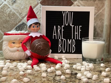 Elf Hot Chocolate On The Shelf, Sundays Are For Sundaes Elf, Elf Things, Elf 2023, You Are The Bomb, Elf Shenanigans, Elf Ideas Easy, Elf Shelf, Hot Chocolate Bomb