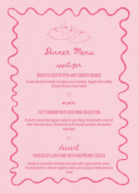 Galentine's Day Menu Template to make your perfect valentines day tablescape that much cuter. Using this Canva template makes it easy! galentines party decor, galentines party ideas girls night, galentines party aesthetic, galentines brunch, galentines invitation, valentines day, galentines day, galentines menu, valentines day menu, galentines brunch menu, dinner party menu, canva menu template, pink menu, girly dinner party menu, wavy border menu, squiggly line border menu Galentines Party Menu Ideas, Galentines Dinner Menu Ideas, Galentines Invites, Galentines Party Invitation, Aesthetic Menu Template, Canva Aesthetic Template, Galentines Tablescape, Girly Dinner Party, Brunch Galentines