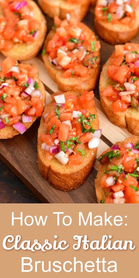 Bruschetta is a beautiful summer appetizer that really allows you to showcase juicy, aromatic fresh tomatoes. It’s a simple combination of tomatoes, onion, garlic, fresh basil, and olive oil over toasted bread slices flavored with olive oil, garlic, and salt. This bruschetta recipe will be perfect for all you summer gatherings! How To Make Bruschetta Recipes, Baked Bruschetta, Brochette Bread, Bruchetta Recipe Bread, How To Make Bruschetta Bread, Authentic Italian Bruschetta Recipe, Bruschetta Recipe Mozzarella, Toasted Bruschetta Bread, Bruchetta Bread Party Appetizers