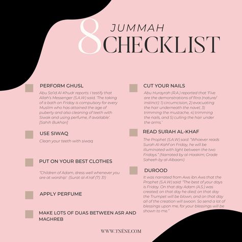 Muslim Friday Checklist, Jummah Mubarak Friday Checklist Islam, Jummah Routine, Jummah Checklist, Jummah Aesthetic, Friday Jummah, Islamic Information, Think Positive Quotes, Islam Facts, City Aesthetic