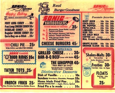 Sonic's first menu (1959) Retro Menu Design Ideas, Retro Food Menu Design, Diner Menus Vintage, Diner Menu 50's, Diner Signs 50s, Restaurant Ad, Diner Menu, Fast Food Menu, Vintage Menu