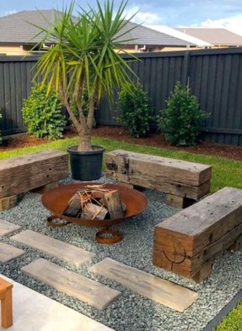 Wooden Benches, Outdoor Fire Pit Designs, Fire Pit Landscaping, Landscaping Garden, Outdoor Gardens Design, Backyard Fire, Backyard Garden Design, Fire Pit Backyard, Backyard Makeover