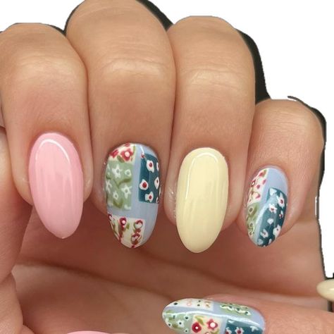 Floral Nail Inspiration, Lemon Inspired Nails, Fun November Nails, Patch Work Nails, Spanish Tile Nails, Patchwork Nails, Mosaic Nails, Quilted Nails, Mismatched Nails