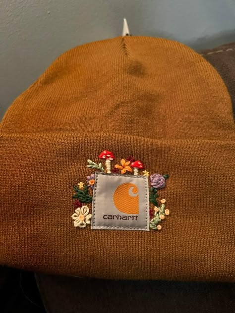 Hand Embroidery Beanie, Embroidery Carhartt Beanie, Embroidered Beanie Diy, Carhartt Beanie Embroidery, Embroidered Carhartt Beanie, Starting Embroidery, Embroidered Hats Ideas, Carhartt Hats, Things To Embroider