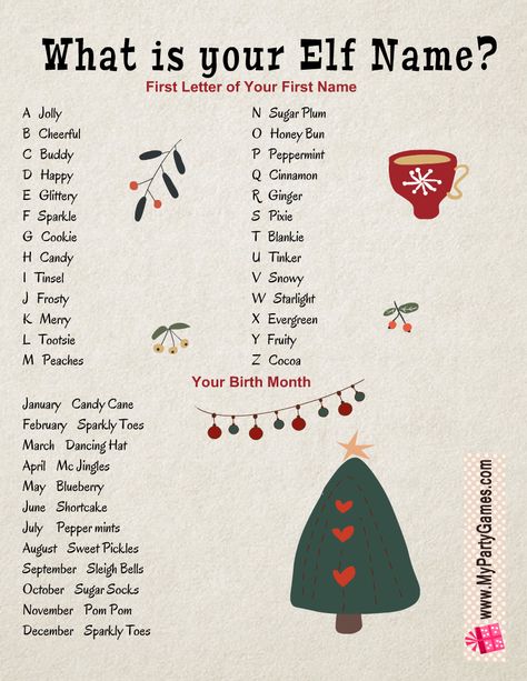 Free Printable What is Your Elf Name? Christmas Game Whats Your Christmas Name, What’s Your Elf Name?, Whats Your Elf Name Free Printable, What Is Your Elf Name Free Printable, What's Your Elf Name, Free Christmas Games For Family, Christmas English Activities, Free Christmas Games Printables, What Is Your Elf Name