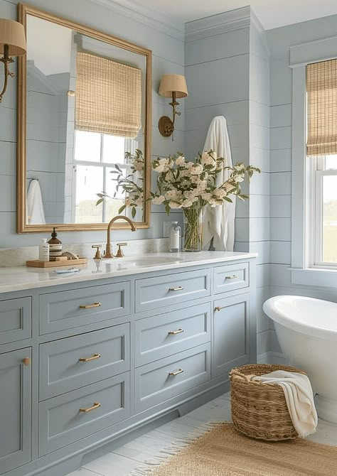 Fox Group Bathroom, Off White And Blue Bathroom, Coastal Grandma Bathroom Ideas, Half Bathroom Ideas Fun, Grandmillennial Style Bathroom, Seafoam Blue Bathroom, Grand Millennial Style Bathroom, Bathroom Design Coastal, Simple White Bathroom Ideas