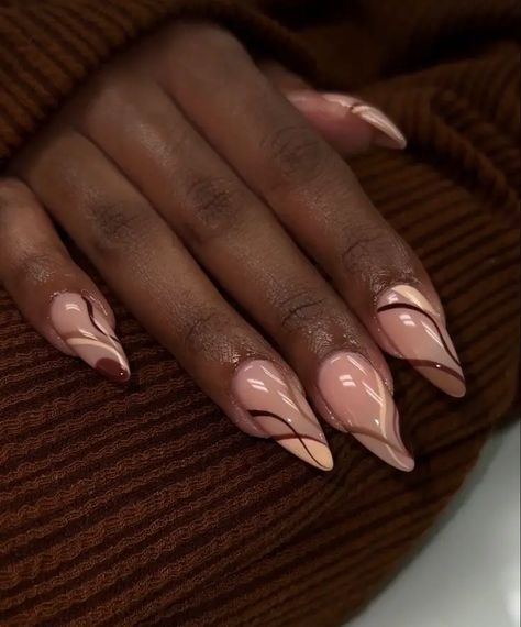 Fall Nail Colors for Dark Skin 2024: A Guide to Chic and Stunning Looks Brown Curved Nails, Almond Shape Nails Fall Colors, Nail Designs On Almond Shape, Brown Almond Nails French Tip, Demure Nail Designs, Dark Fall Nail Art, October Nails Ideas 2024, Fall Nail Black Women, Nail Art For Fall Autumn