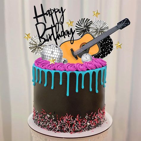 Set of 15 cake toppers. Acoustic guitar model, 3 sizes of disco balls and fans, gold stars and happy birthday banner. Use together on a larger cake or use separately on cupcakes for a music theme birthday party. Guitar Theme Cake, Music Theme Birthday Cake, Rock Theme Party, Music Cake Ideas, Rockstar House, Music Birthday Cakes, Music Birthday Cake, Microphone Cake, Musician Birthday