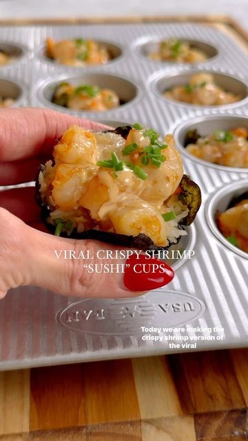 Salmon Shrimp Sushi Bake, Crispy Shrimp Sushi Cups, Sushi Cups Shrimp, Baked Shrimp Sushi Cups, Spicy Shrimp Crispy Rice Cups, Shrimp Seaweed Cups, Crispy Rice Sushi Cups, Shrimp Sushi Bites, Shrimp Sushi Bake Cups