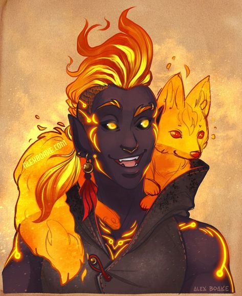 Fox Familiar Dnd, Fire Genasi Druid, Dnd Fire Genasi Male, Fire Genasi Bard, Yellow Tiefling, Fire Genasi Male, Fire Genasi, Roleplay Characters, Dungeons And Dragons Characters