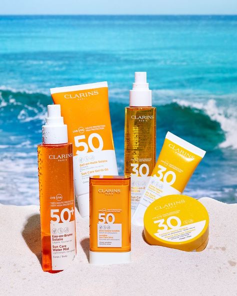 Clarins beautiful SPF, summer skincare range, Clarins Ireland available at your local pharmacy Sun Cream Skin Care, Tan Faster, How To Tan, Oil Texture, How To Tan Faster, Peach And Lily, Water Mist, Suncare, Sun And Water