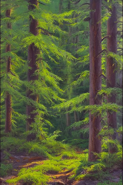 Forest Clearing Art, Redwood Tree Painting, Cedar Tree Drawing, Forest Art Painting, Narnia Room, Green Forest Painting, Forest Ground, Woods Painting, Cedar Forest