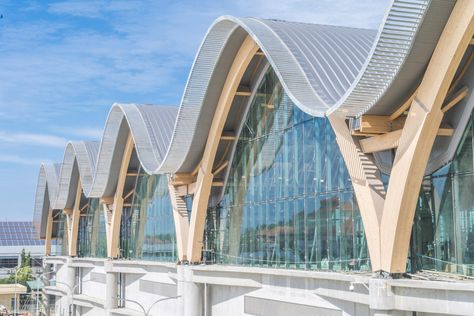 Mactan Cebu International Airport in the Philippines Mactan Cebu International Airport, Wavy Roof, Mactan Cebu, Philippine Architecture, Timber Architecture, Roofing Ideas, Timber Roof, Airport Design, Roof Architecture