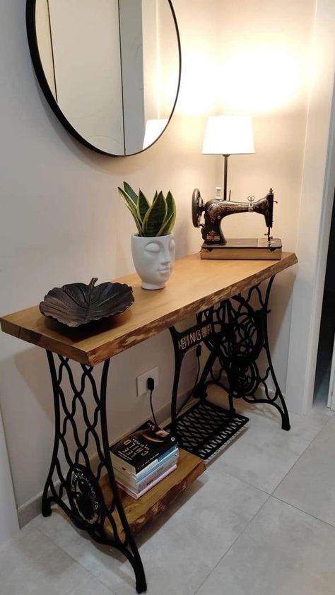 Singer Sewing Machine Ideas, Antique Sewing Machine Table, Old Sewing Machine Table, Singer Sewing Machine Table, Rustic Entryway Table, Old Sewing Machine, Sewing Machine Tables, Sewing Machine Table, Homemade Furniture