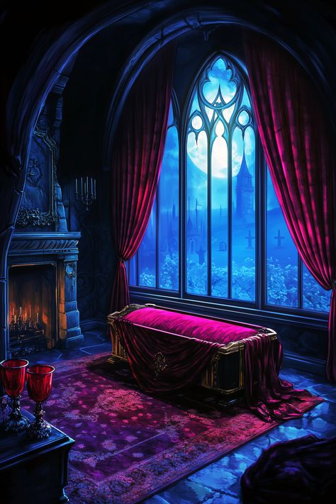 Moonlit Graveyard, Vampire Lair, Coffin Vampire, Vampire Room, Gothic Library, Visual Prompts, Vampire Stuff, Creature Of The Night, Red Gothic