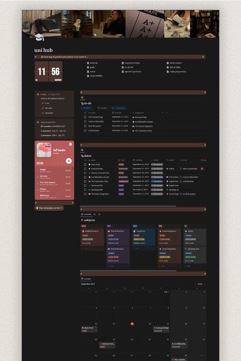 University Notion, Elegant Dark Academia, Notion Templates For Students, Student Planner Organization, Study Planner Free, University Planner, Meal Prep Planner, Student Dashboard, Aesthetic Notion Aesthetic Notion School, Dark Academia Notion Template, Supply List Template, Elegant Dark Academia, School Trip Packing, List Template Free Printable, University Notion, Dark Academia Notion, Academia Notion