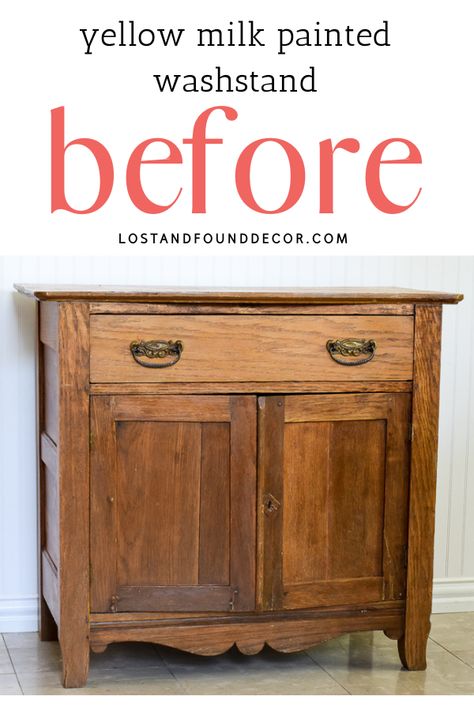 I love using milk paint on these old antique washstands. I usually get the perfect amount of chipping and the milk paint adds so much authentic character! Painted Washstand Ideas, Diy Antique Painted Furniture, Washstand Makeover, Milk Paint Dresser, Kids Furniture Makeover, Antique Washstand, Yellow Painted Furniture, Yellow Milk, Milk Paint Furniture