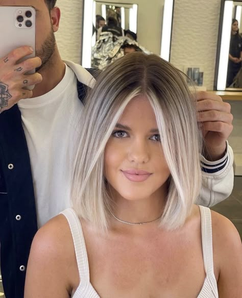 Lob Haircut With Bangs, Sombre Hair, Ice Blonde Hair, Blonde Hair Transformations, Silver Blonde Hair, Icy Blonde Hair, Short Ombre Hair, Blonde Bob Hairstyles, Ombre Hair Blonde