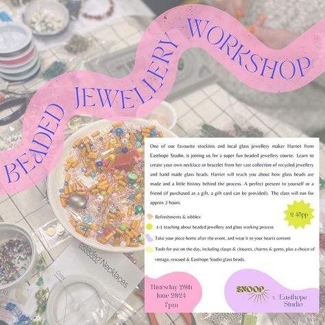 We’ve got a few tickets available on our Beaded Jewellery Workshop on 20th June. You’ll learn all about @easthope.studio and how they make their Murano glass beads, whilst creating your own piece of jewellery from their extensive range of handmade and recycled vintage beads & charms. A perfect activity for beginners or experienced crafters alike. You’ll finish the workshop with your very own necklace or bracelet, made & designed by you! Book via our website, link in our bio www.snoopshre... Beading Workshop, Jewelry Making Workshop, Jewellery Workshop, Beaded Jewellery, Jewelry Workshop, Crafts Workshop, Vintage Beads, Recycled Jewelry, Murano Glass Beads