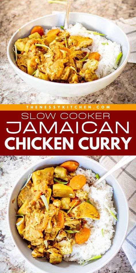 Get your crockpot ready and try this main dish for dinner! This slow cooker chicken curry is a busy weeknight dinner everyone will love. Full of authentic flavor and warming spices, this Jamaican chicken curry recipe is so good! Jamaican Chicken Curry, Chicken Curry Crockpot, Crock Pot Curry, Jamaican Chicken, Jamaican Curry Chicken, Slow Cooker Chicken Curry, Jamaican Curry, Chicken Curry Recipe, Slow Cooker Dinner