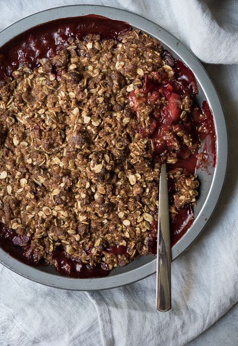 Plum Crumble | Life is but a Dish Apple Rhubarb, Ginger Ice Cream, Plum Crumble, Buckwheat Recipes, Raspberry Crumble, Caramelised Apples, Fruit Crumble, Vanilla Sauce, Cinnamon Butter