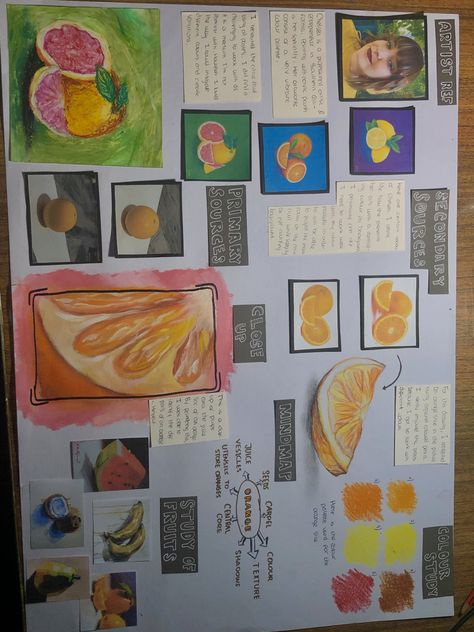 orange drawing 
citrusy 
coloured pencil medium
watercolor medium
aquarel medium Fruit Gcse Art Sketchbook, Fruit Study Art, Art Preparatory Work Ideas, Prep 1 Art Igcse, Food Mind Map Art, Igcse Art Preps, Art Coursework Ideas, Art Preparatory Work, Fruit Art Gcse