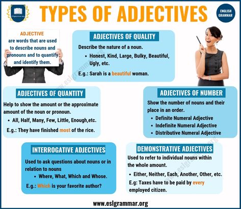 Adjectives: 5 Types of Adjectives with Definition & Useful Examples - ESL Grammar Types Of Adjectives Chart, Types Of Adjectives Worksheet, What Is An Adjective, Adjective Definition, Types Of Adjectives, Coordinate Adjectives, Adjectives In English, Adjectives Grammar, Esl Grammar