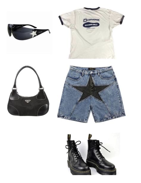 Star Jorts Shorts Outfit, Denim Shorts Outfit Y2k, Star Shorts Outfit, Acubi Shorts Outfits, Y2k Outfit Winter, Y2k Cybercore Outfits, Y2k Outfits Shorts, Blue Y2k Outfit, Y2k Shorts Outfit