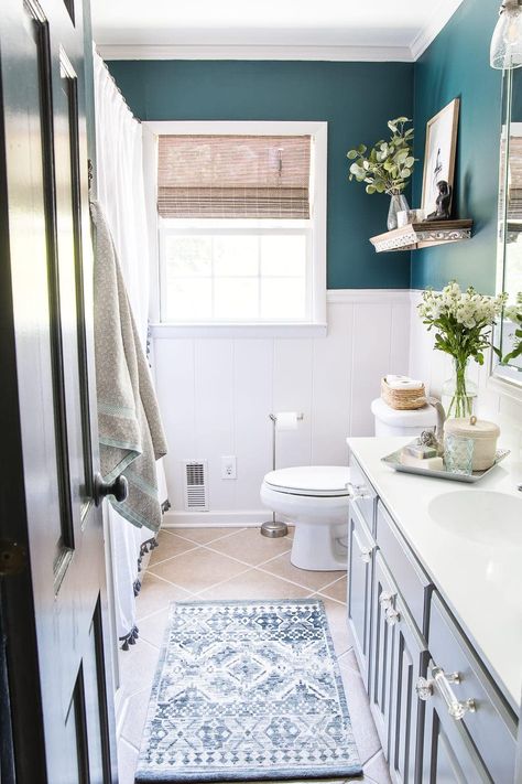 Our Painted Sink Countertop Tub & Shower 8 Months Later - Bless'er House Guest Bathroom Makeover, Painted Sink, 2024 Colors, Turquoise Bathroom, Guest Bathrooms, Sink Countertop, Bath Ideas, Tub Shower, Budget Bathroom