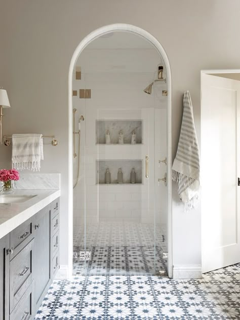 patterned boho floor tiles // arched shower door Spanish Bathroom Ideas, Spanish Style Bathrooms, Spanish Bathroom, Timeless Bathroom, Master Shower, Bad Inspiration, Bathroom Solutions, Big Bathrooms, Bathroom Floor Tiles