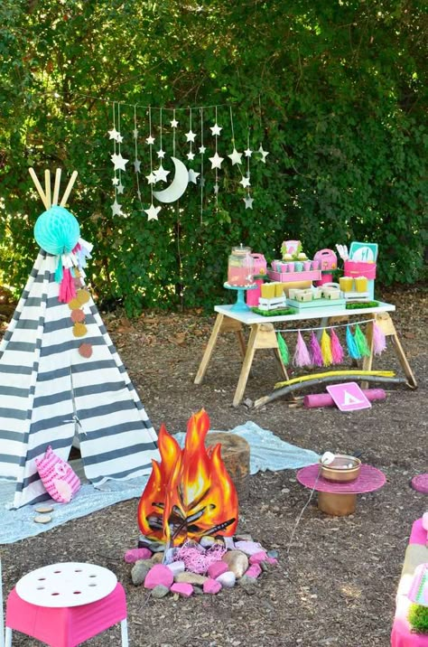 Camping / Summer Camp Birthday Party Ideas | Photo 8 of 26 Unicorn Camping Birthday Party, Pink Camping Birthday Party, Girl Camping Birthday Party, Camping Birthday Party Decorations, Camp Birthday Party Ideas, Summer Camp Birthday Party, Huge Tent, Camp Kikiwaka, Camp Birthday Party