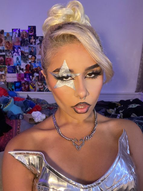 Leyluhv on IG and Tiktok 🌟 Star Makeup , Silver Star Makeup , Star Makeuplook , Rockstar , One Big Star Makeup , y2k inspo , Edgy , Rockstar girlfriend , Metallic Silver Makeup , stargirl, Digital Camera , Canon Camera , Concert Outfit , Posing , Makeup Inspo , Metallic Outfit , The Weeknd Concert , Star Costume Woman, Metallic Silver Makeup Looks, Stargirl Halloween Costume, Silver Halloween Costume Ideas, Rock N Roll Makeup Ideas, Stargirl Costume, Star Makeup Y2k, Rock N Roll Makeup, Star Makeup Look