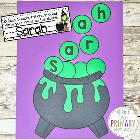 This Halloween name craft is the perfect Fall craft to add to a Halloween bulletin board or as a center as your students learn how to write their name during your next Halloween theme. Halloween Name Craft, Name Crafts Preschool, Name Crafts For Kids, Preschool Name Crafts, Preschool Community Helpers Theme, Cauldron Craft, Name Writing Activities, Name Activities Preschool, Witch Names