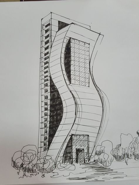 Office building Sketch Sketch Of A Building, View Point Architecture, Architectural Details Drawing, Art Sketches Architecture, City Scape Sketch, Perspective Drawing Buildings, Building Design Sketch, Asymmetrical Building, Building Drawing Architecture Sketches