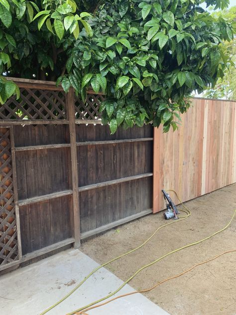 updating our old fence on a budget – almost makes perfect Old Fence Cover Up, Fence Makeover Before And After, Old Fence Makeover, Fence Gap Filler Ideas, Diy Privacy Fence On A Budget, Fence Toppers For Privacy, Front Yard Privacy Landscaping, Fence Restoration, Fence On A Budget