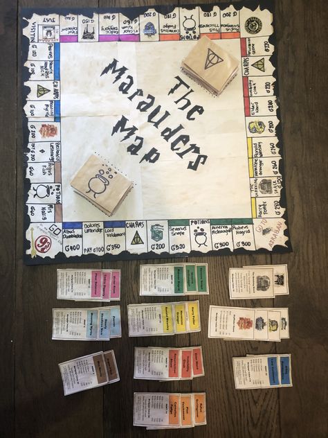 How To Make Monopoly, Make Your Own Monopoly Board, Harry Potter Board Games, Fun Diy Board Games, Handmade Games Diy Projects, Harry Potter Monopoly Diy, Diy Monopoly Board Ideas, Monopoly Board Ideas, Monopoly Cards Printable