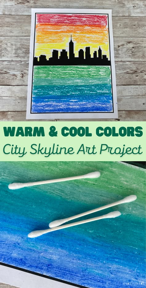 Cityscape Art For Kids, Color Art Projects Elementary, Simple Elementary Art Projects, Third Grade Art Lessons, Art Projects For 2nd Grade, Elements Of Art Color, Landscape Art Lessons, Color Art Lessons, March Art