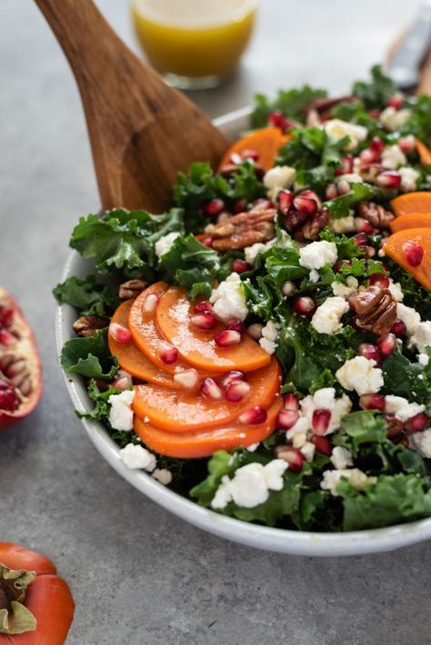 Holiday Salad with Kale, Persimmon and Pomegranate is a festive kale salad tossed in a tangy, sweet citrus maple dressing! #salad #saladrecipes #holidayrecipes Salad Thanksgiving, Salad Recipes Holidays, Persimmon Salad, Maple Dressing, Holiday Potluck, Holiday Salad, Fig Salad, Christmas Salad, Autumn Salad Recipes