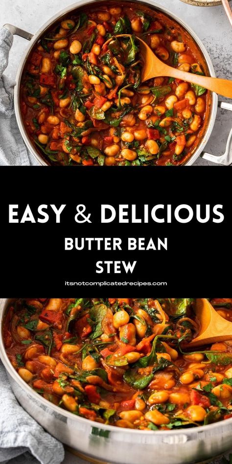 This easily made Butter Bean Stew is a great meat-free meal that is perfect for busy nights. It is a one-pot complete meal that you can have on the table in 30 minutes. The Butter Beans are the main protein component of the stew, simmered in a flavoursome tomato sauce with the addition of baby spinach and roasted capsicum/peppers. Satisfying and nutritious, this is pure comfort food. Beans Main Dish, Bean Recipes Healthy, Butter Bean Stew, Butter Beans Recipe, Pumpkin Stew, Roasted Capsicum, The Stew, Vegan Stew, Fall Soup