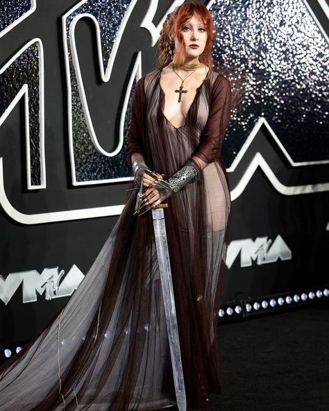 Chappell Roan Brought a Sword to the VMAs Red Carpet Vmas Red Carpet, Pink Pony Club, Jeremy Allen White, Sheer Gown, Pony Club, Mtv Videos, Orlando Bloom, Joan Of Arc, Troye Sivan